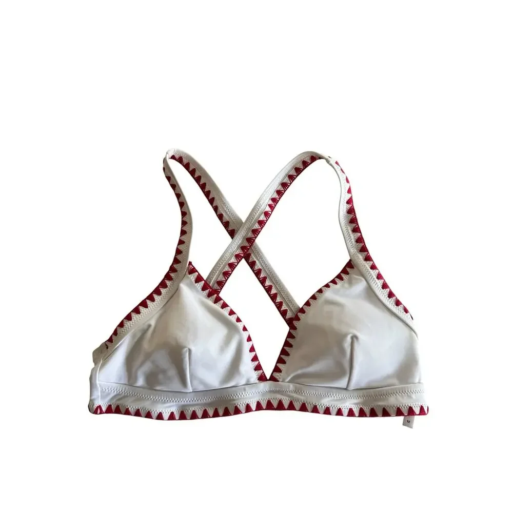 CUPSHE White Red Contrast Bikini Top Size M Cross Back Padded Swim Bralette